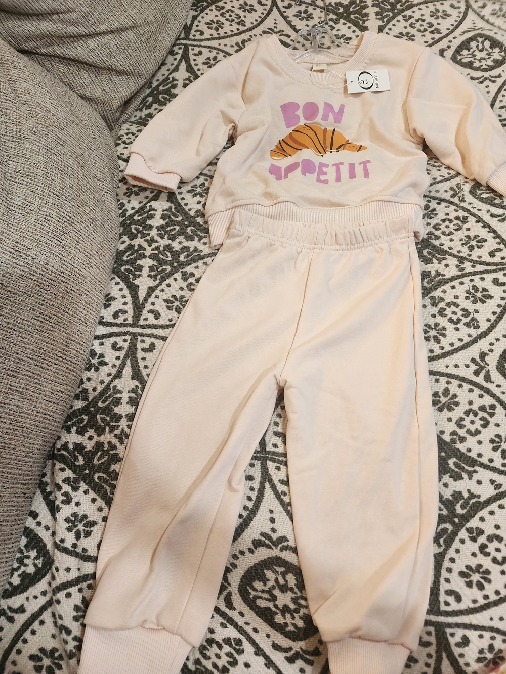 MiniOlie Kids Cream Jogger Set with 'Bon Appetit' Croissant Graphic 18-24M